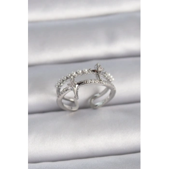 ÇOK SATAN Pirinç Gümüş Renk Ayarlanabilir Zirkon Taşlı Kutup Yıldız İnci Detay Kadın Yüzük