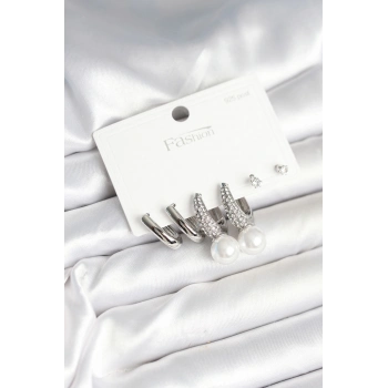 ÇOK SATAN Pirinç Gümüş Renk İncili 925 Ayar Gümüş Çivi Kadın Küpe Seti