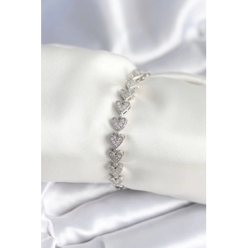 ÇOK SATAN Pirinç Gümüş Renk Kalp Model Kadın Bileklik