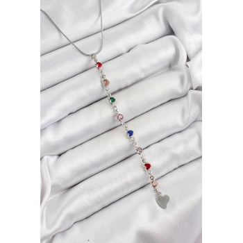 ÇOK SATAN Pirinç Gümüş Renk Karışık Renk Zirkon Taşlı Kalpli Y Kadın Kolye