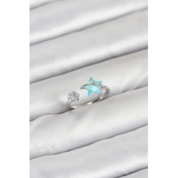 ÇOK SATAN Pirinç Gümüş Renk Mavi Yıldızlı Model Kadın Yüzük