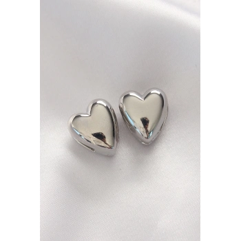 ÇOK SATAN Pirinç Gümüş Renk Minimal Bombeli Kalp Küpe