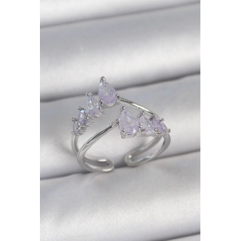 ÇOK SATAN Pirinç Gümüş Renk Mor Damla Zirkon Taşlı Taç Model Kadın Yüzük