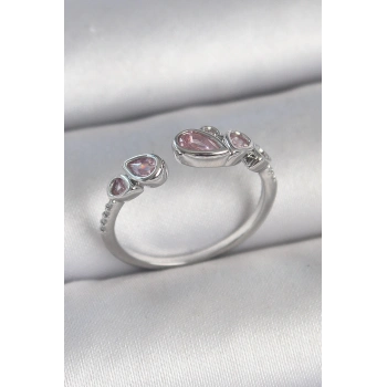 ÇOK SATAN Pirinç Gümüş Renk Pembe Damla Zirkon Taşlı Ayarlanabilir Model Kadın Yüzük