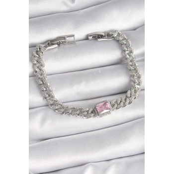 ÇOK SATAN Pirinç Gümüş Renk Pembe Kare Zirkon Taşlı VIP Seri Kadın Bileklik