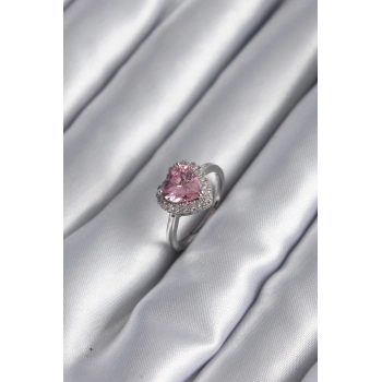 ÇOK SATAN Pirinç Gümüş Renk Pembe Zirkon Taş Kalp Charm Model Kadın Yüzük