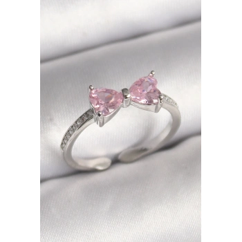 ÇOK SATAN Pirinç Gümüş Renk Pembe Zirkon Taşlı Kalp Fiyonk Model Kadın Yüzük