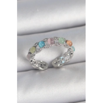 ÇOK SATAN Pirinç Gümüş Renk Renkli Mineli Ayarlanabilir Kadın Yüzük