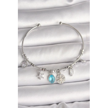 ÇOK SATAN Pirinç Gümüş Renk Sallantı Pusula Figür Kalp Detay Charm Kadın Bileklik