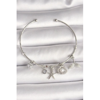 ÇOK SATAN Pirinç Gümüş Renk Sallantı Zirkon Taşlı Deniz Yıldız Figür Balık Kuyruğu Detay Charm Kadın Bileklik