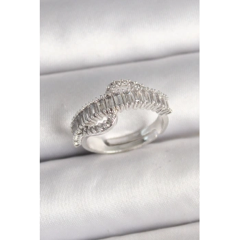 ÇOK SATAN Pirinç Gümüş Renk Su Yolu Zirkon Taşlı Ayarlanabilir Model Kadın Yüzük