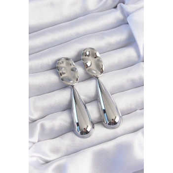 ÇOK SATAN Pirinç Gümüş Renk Uzun Bombeli Ezme Plaka Küpe