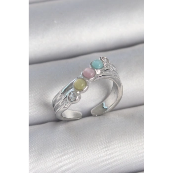 ÇOK SATAN Pirinç Gümüş Renk Zirkon Taş Detaylı Renkli Mineli Ayarlanabilir Kadın Yüzük