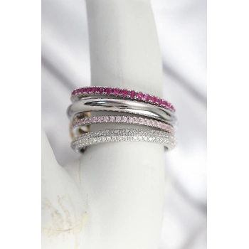 ÇOK SATAN Pirinç Gümüş Renk Zirkon Taşlı 4Lü Kadın Yüzük