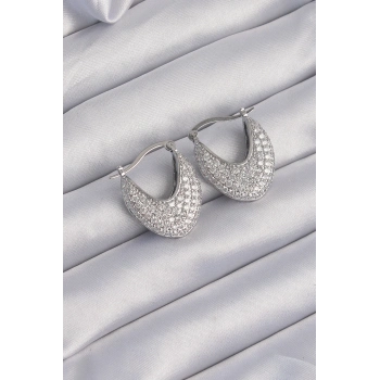 ÇOK SATAN Pirinç Gümüş Renk Zirkon Taşlı Badem Model Küpe