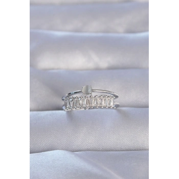 ÇOK SATAN Pirinç Gümüş Renk Zirkon Taşlı Baget Su Yolu Model Ayarlanabilir Yüzük