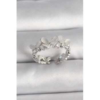 ÇOK SATAN Pirinç Gümüş Renk Zirkon Taşlı Beyaz Mineli Kelebek Model Ayarlanabilir Yüzük