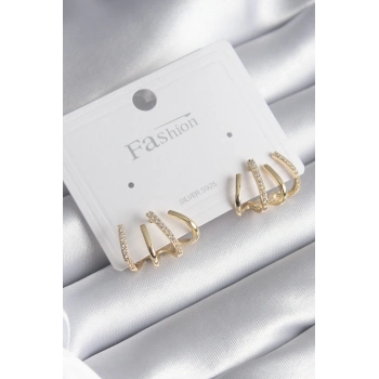 ÇOK SATAN Pirinç Gümüş Renk Zirkon Taşlı Çatal Model Kadın Küpe