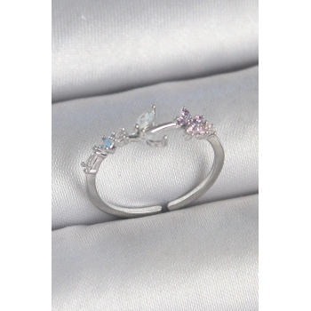 ÇOK SATAN Pirinç Gümüş Renk Zirkon Taşlı Çiçek Model Ayarlanabilir Kadın Yüzük