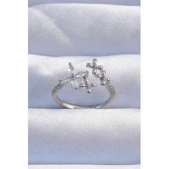 ÇOK SATAN Pirinç Gümüş Renk Zirkon Taşlı Çiçek Model Ayarlanabilir Yüzük