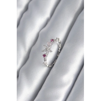 ÇOK SATAN Pirinç Gümüş Renk Zirkon Taşlı Çiçek Model Pembe Zirkon Taş Detay Kadın Yüzük