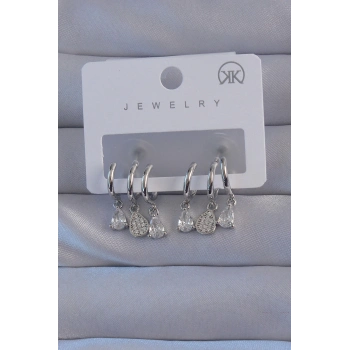 ÇOK SATAN Pirinç Gümüş Renk Zirkon Taşlı Damla Model Çoklu Görünüm Yarım Halka Küpe