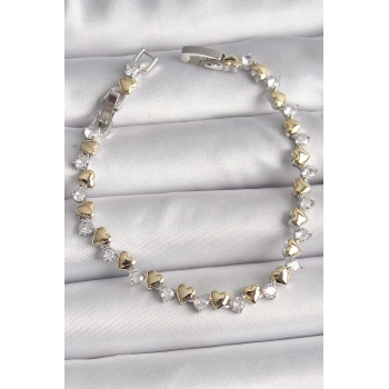 ÇOK SATAN Pirinç Gümüş Renk Zirkon Taşlı Gold Kalpli VIP Seri Kadın Bileklik