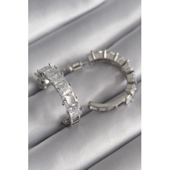 ÇOK SATAN Pirinç Gümüş Renk Zirkon Taşlı Halka Model Kadın Küpe