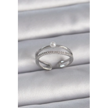 ÇOK SATAN Pirinç Gümüş Renk Zirkon Taşlı İnci Detay Ayarlanabilir Model Kadın Yüzük