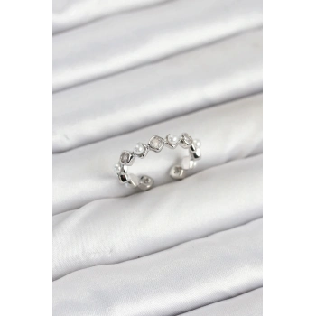 ÇOK SATAN Pirinç Gümüş Renk Zirkon Taşlı İncili Kadın Yüzük