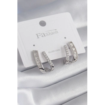 ÇOK SATAN Pirinç Gümüş Renk Zirkon Taşlı Kadın Küpe