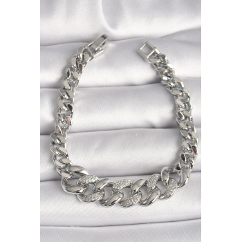 ÇOK SATAN Pirinç Gümüş Renk Zirkon Taşlı Kalın Halka Model Kadın Bileklik