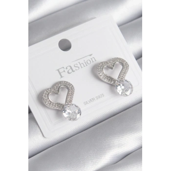 ÇOK SATAN Pirinç Gümüş Renk Zirkon Taşlı Kalp Model Damla Zirkon Taş Detay Kadın Küpe