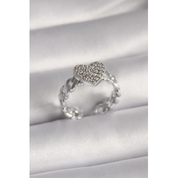 ÇOK SATAN Pirinç Gümüş Renk Zirkon Taşlı Kalp Model Kadın Yüzük