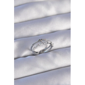 ÇOK SATAN Pirinç Gümüş Renk Zirkon Taşlı Kalpli 2li Görünüm Ayarlanabilir Yüzük