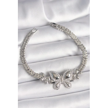 ÇOK SATAN Pirinç Gümüş Renk Zirkon Taşlı Kelebek Model Kadın Bileklik