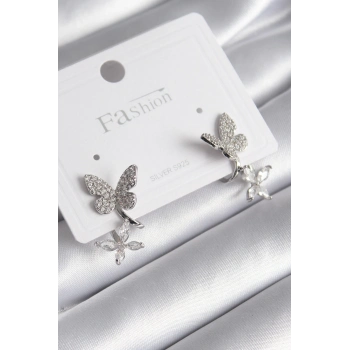 ÇOK SATAN Pirinç Gümüş Renk Zirkon Taşlı Kelebek Model Kadın Küpe