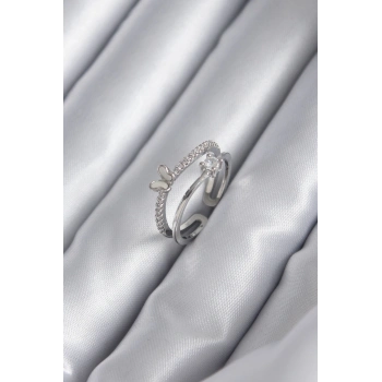 ÇOK SATAN Pirinç Gümüş Renk Zirkon Taşlı Kelebek Model Kadın Yüzük