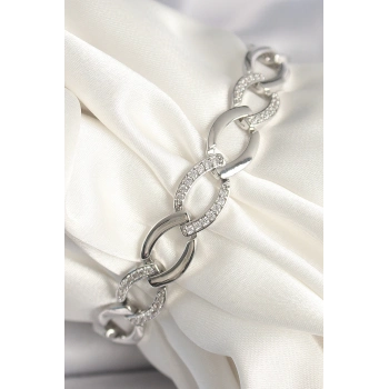 ÇOK SATAN Pirinç Gümüş Renk Zirkon Taşlı Oval Zincir Model Kadın Bileklik