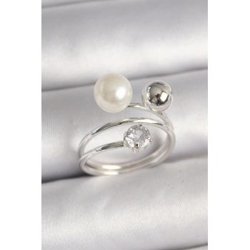 ÇOK SATAN Pirinç Gümüş Renk Zirkon Taşlı Toplu İnci Model Kadın Yüzük