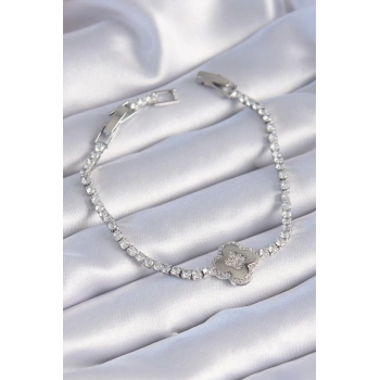 ÇOK SATAN Pirinç Gümüş Renk Zirkon Taşlı Yonca Model Kadın Bileklik