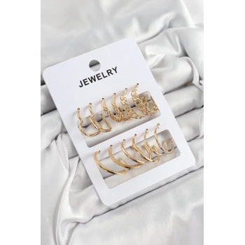 ÇOK SATAN Pirinç Karışık Halka Model Gold Renk 6 Çift Kadın Küpe Set