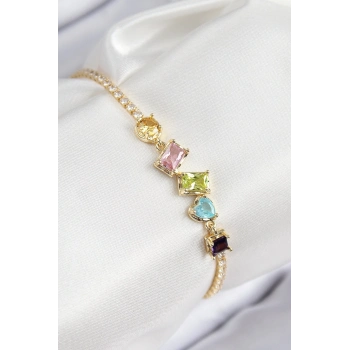 ÇOK SATAN Pirinç Renkli Zirkon Taşlı Geometrik Model Gold Renk Kadın Bileklik