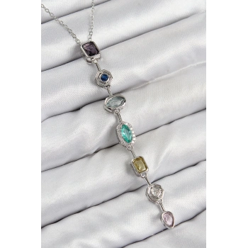 ÇOK SATAN Pirinç Renkli Zirkon Taşlı Model Gümüş Renk 7 Element Kadın Y Kolye