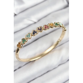 ÇOK SATAN Pirinç Renkli Zirkon Taşlı Sıralı Kalp Model Gold Renk Kadın Kelepçe