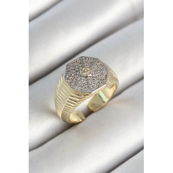 ÇOK SATAN Pirinç Sekizgen Figür Zirkon Taşlı Gold Renk Ayarlanabilir Kadın Yüzük