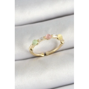 ÇOK SATAN Pirinç Sıralı Boncuk Figürlü Zirkon Taşlı Gold Renk Ayarlanabilir Kadın Yüzük