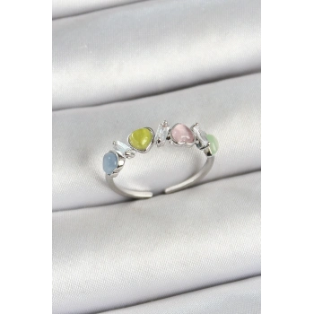 ÇOK SATAN Pirinç Sıralı Kalp Figürlü Zirkon Taşlı Gümüş Renk Ayarlanabilir Kadın Yüzük