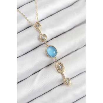 ÇOK SATAN Pirinç Zincir Mavi Gold Renk Zirkon Taşlı Y Kolye