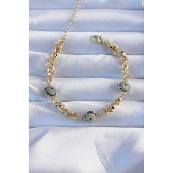 ÇOK SATAN Pirinç Zincir Vip Seri Altın Renk Zirkon Taşlı Nazarlı Bileklik